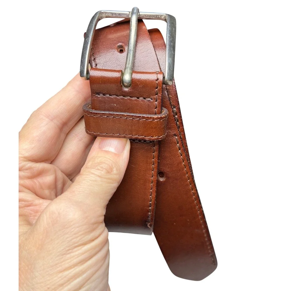 Harold Powell Brown Leather Belt Mens 38 Silver Buckle Classic Wide